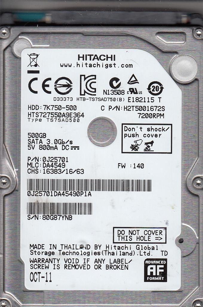 HTS727550A9E364 pn 0J25701 mlc DA4549 Hitachi 500Gb SATA B24-3