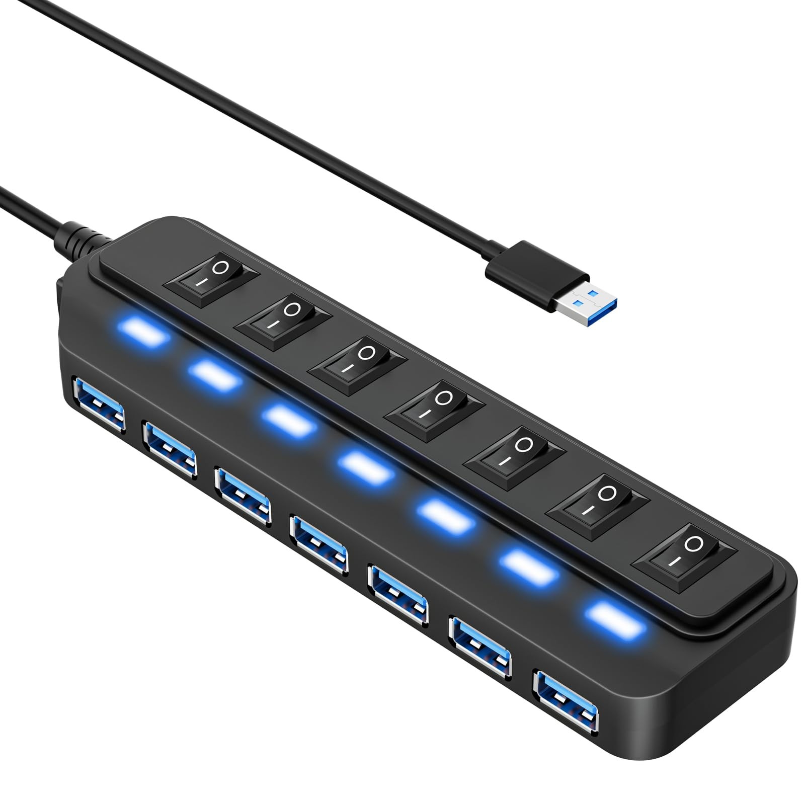 7Port USB 3.0Hub with Individual LED Switches High Speed 5Gbps for PC Mac Laptop