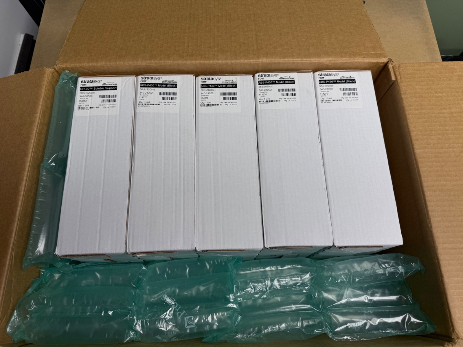 4x Stratasys ABS-P430 Black 56ci + 1x SR-30 56ci OEM FDM Cartridges