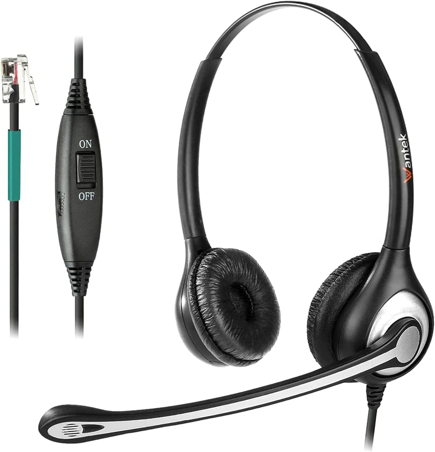 Wantek Binaural Telephone Headset RJ9 Noise Canceling Mic 602-RJ1 Black/Silver