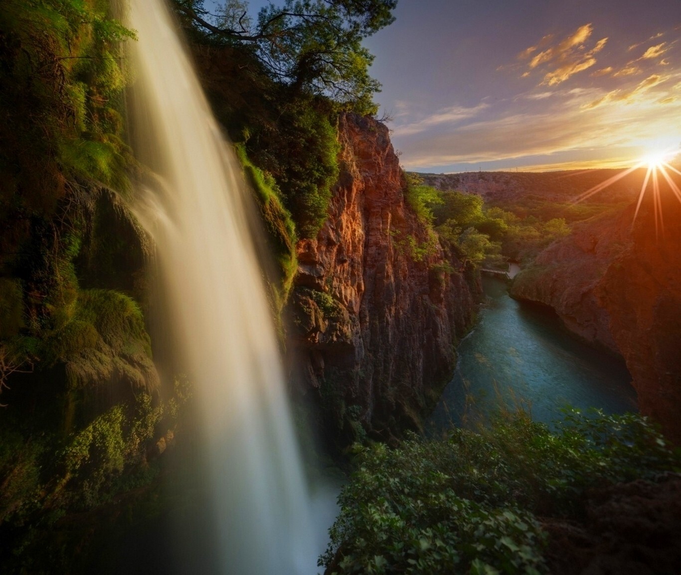 Landscape waterfall river canyon trees moss shrubs sun Custom Gaming Mat Desk