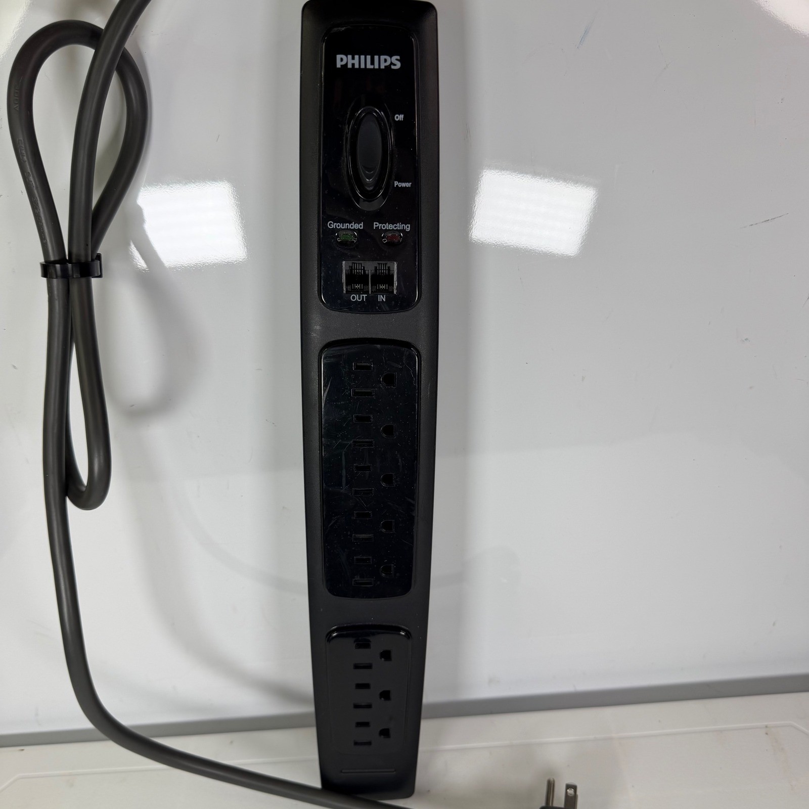 Philips Surge Protector Power Strip 8 Outlet RJ11 Protection Black Corded
