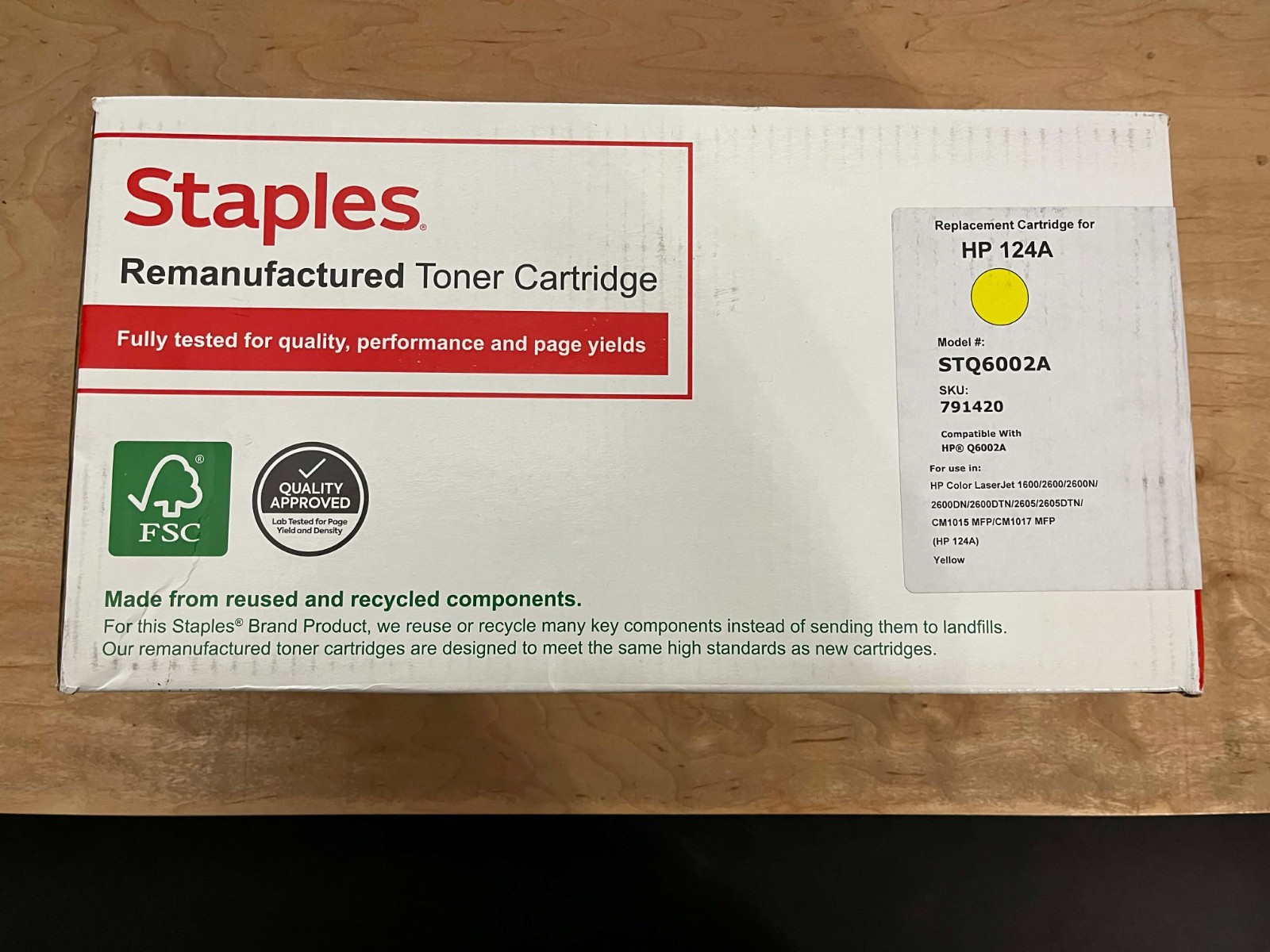 Staples Yellow Standard Yield Toner Reman| Ink | Replacement | HP 124A | Q6002A