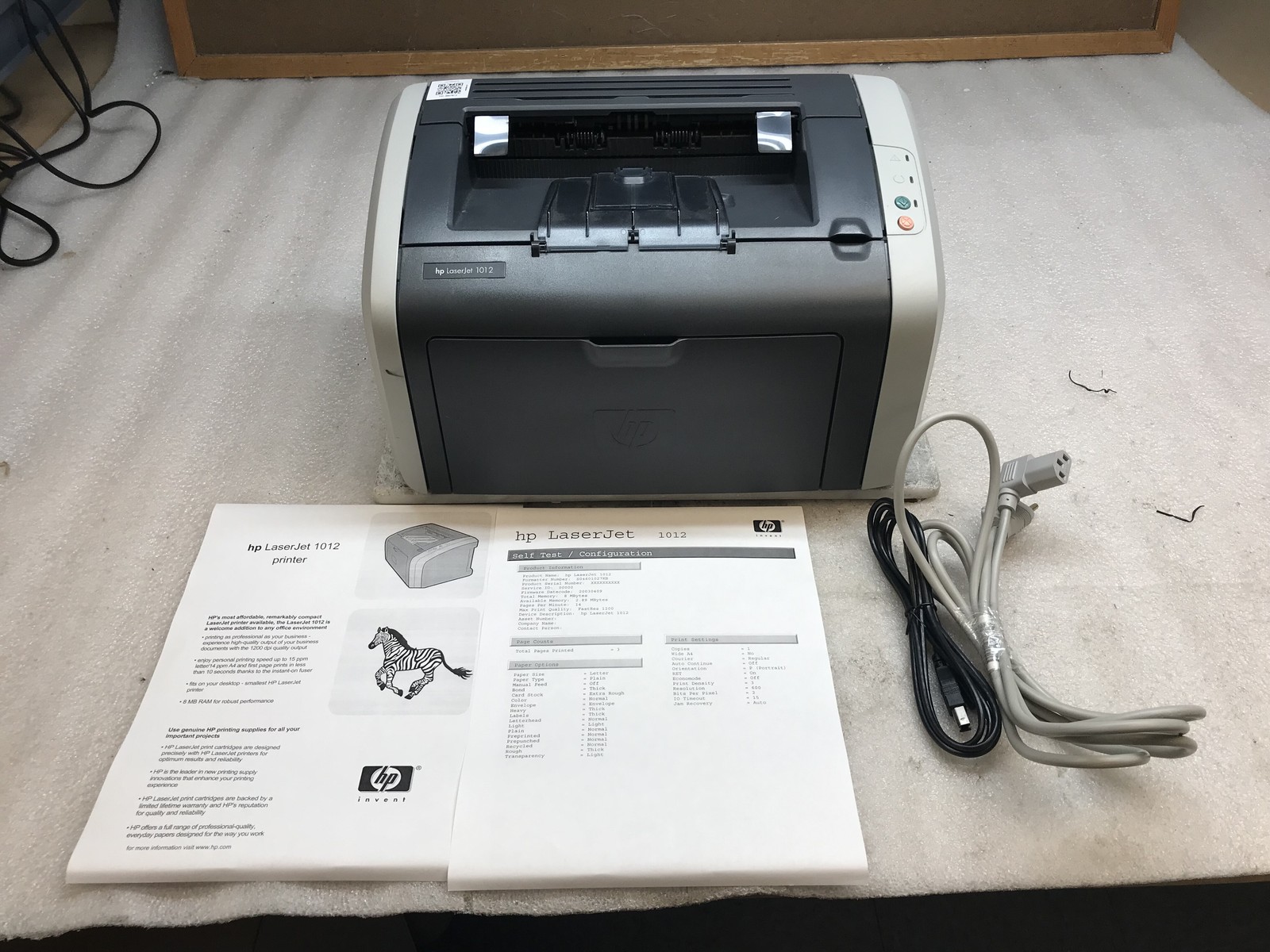 HP LaserJet 1012 Monochrome Laser Printer Q2461A Pg Ct w/ Cables & Toner *READ*