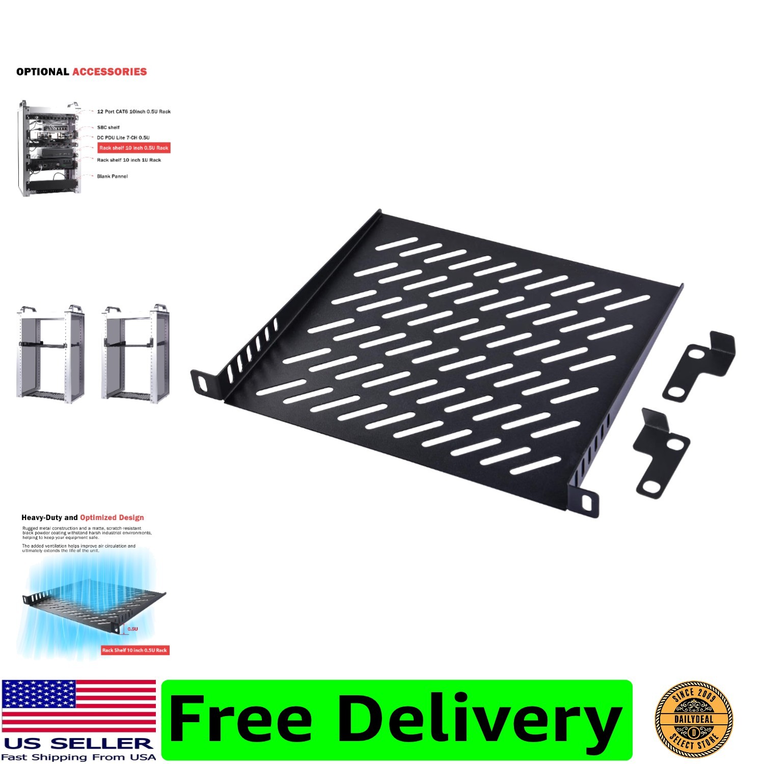 0.5U Server Rack Shelf, 7.87" Depth Vented Rack Mount Cantilever Tray for 10 ...