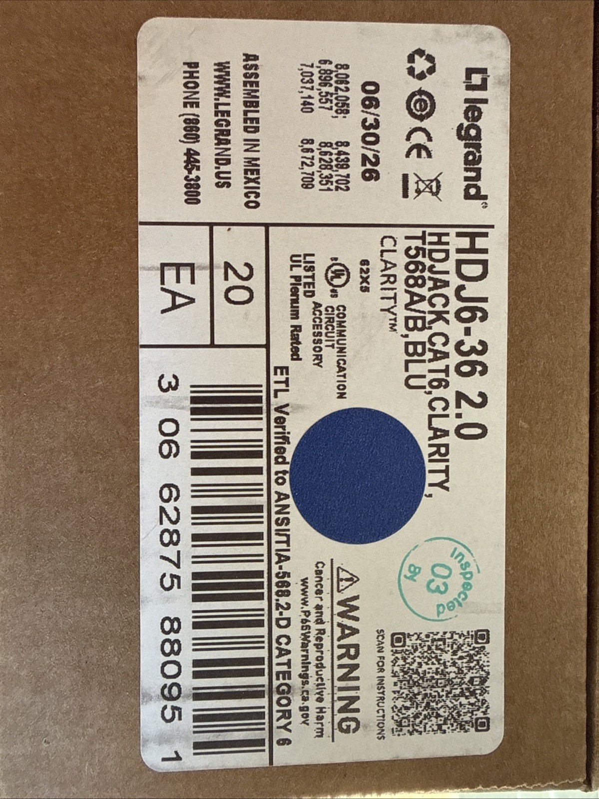 (20 Pieces Per Box)  Legrand HDJ6-36 2.0 Cat6 RJ45 Clarity T568A/B Blue