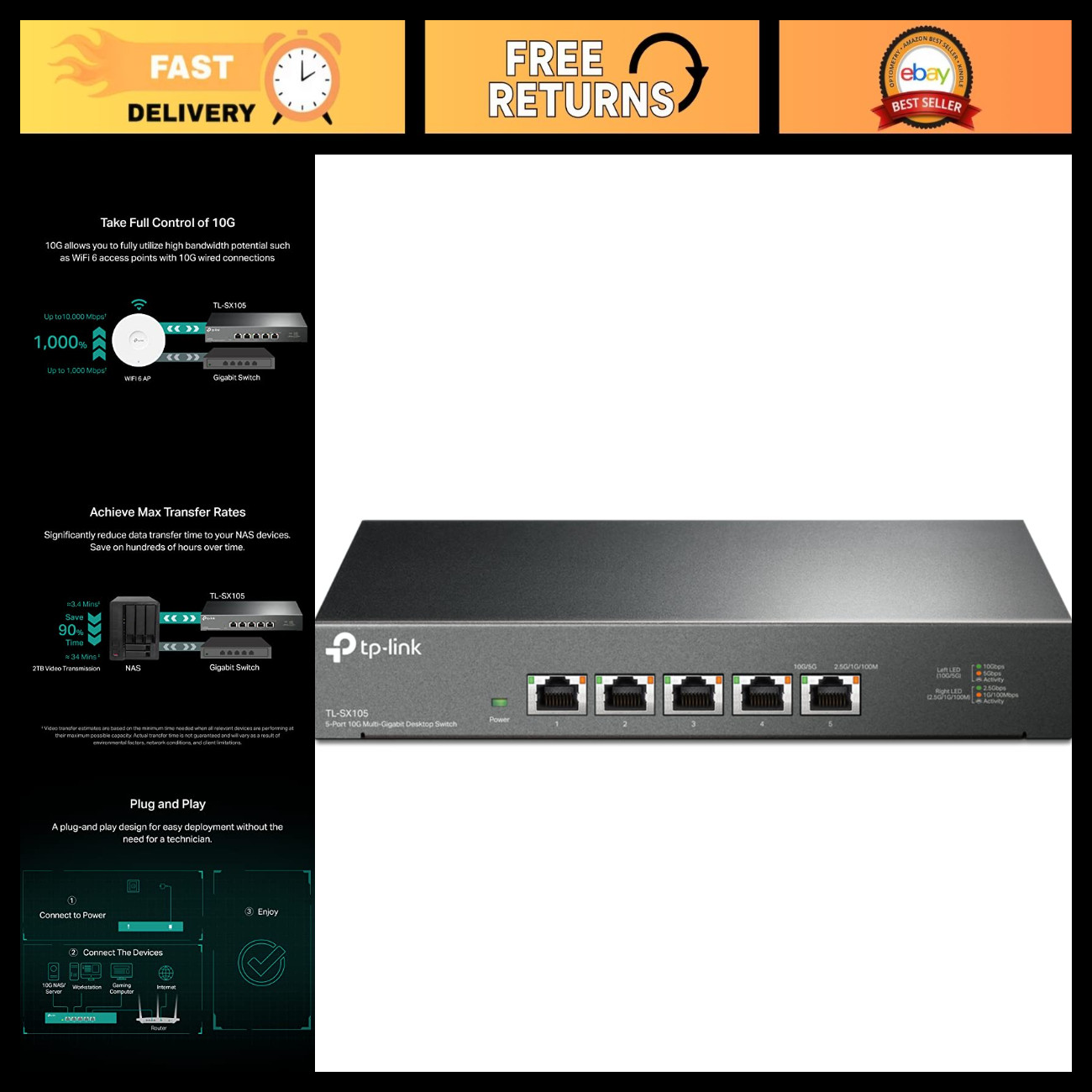 5-Port 10G Multi-Gig Unmanaged Ethernet Switch, High-Speed Network Hub, Plug & P