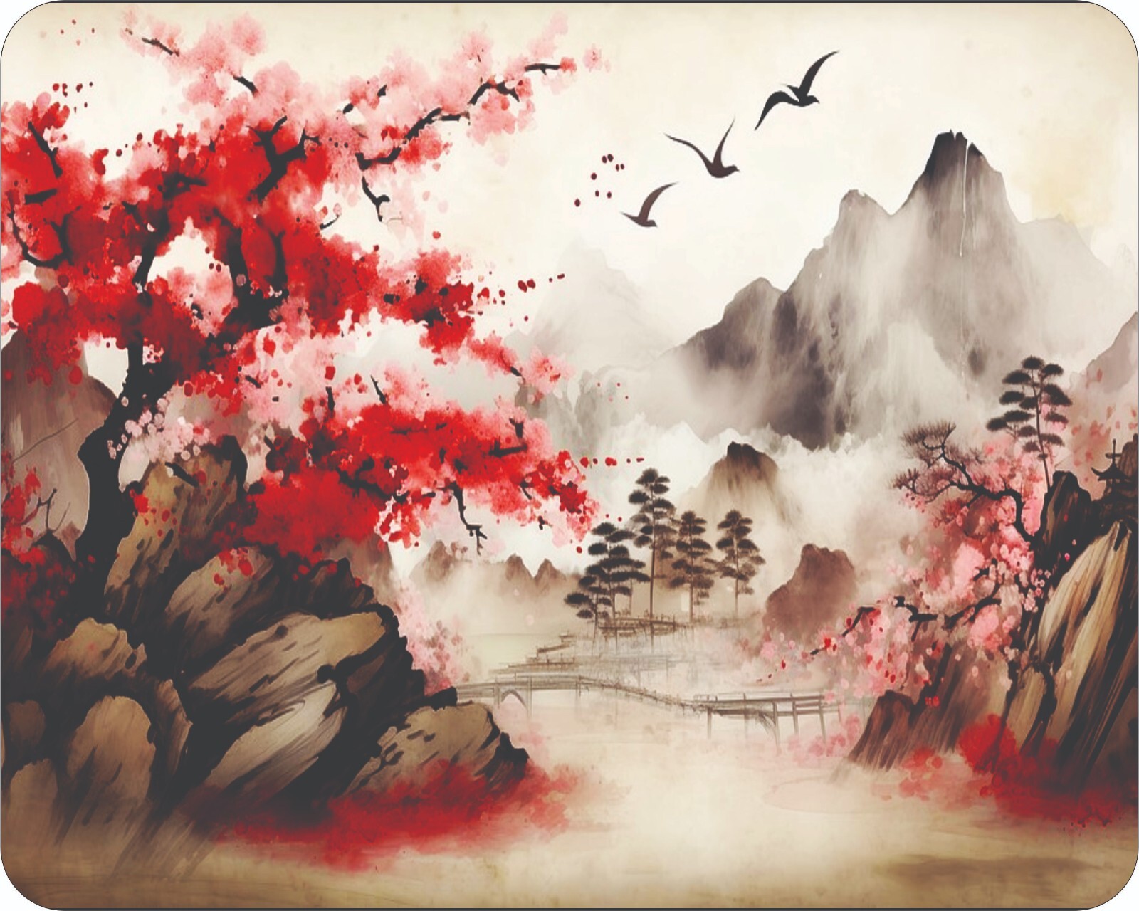 Japanese  Fine Art Painting Trees Birds Mountains Mousepad Mouse Pad
