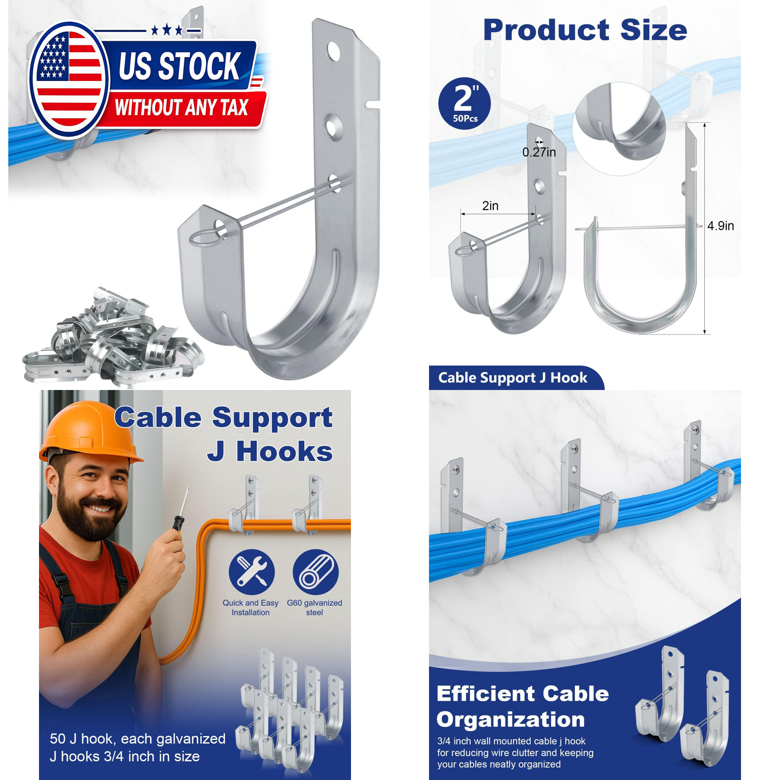 2" 50 PCS Galvanized Steel J-Hooks