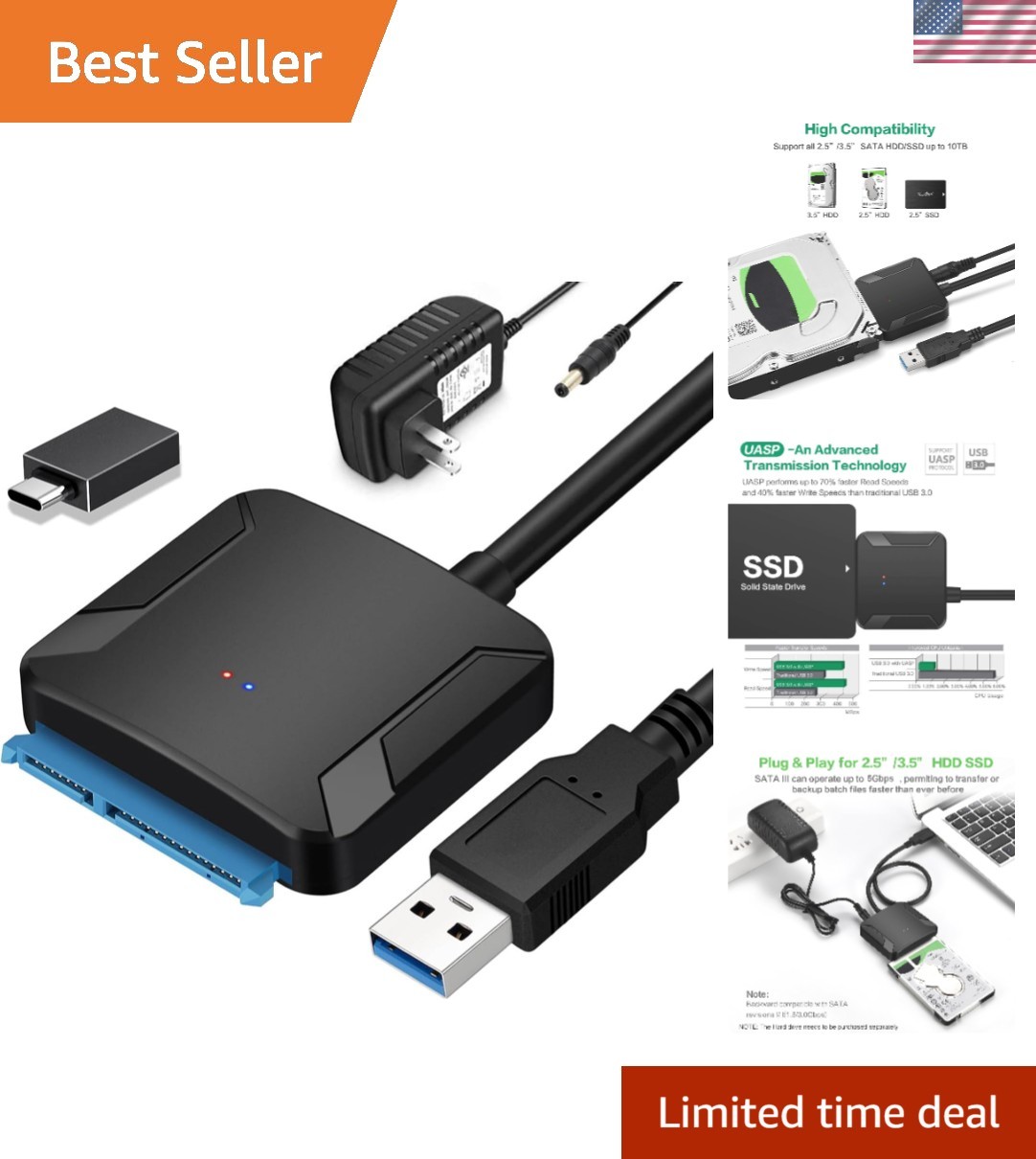 Versatile SATA USB 3.0 Adapter with LED Status Indicator & 12V Power Supply