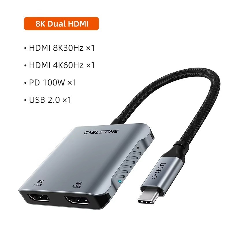 CABLETIME USB C to HDMI Hub 4-in-1 MST 4K 8K Dual Display 100W PD Adapter