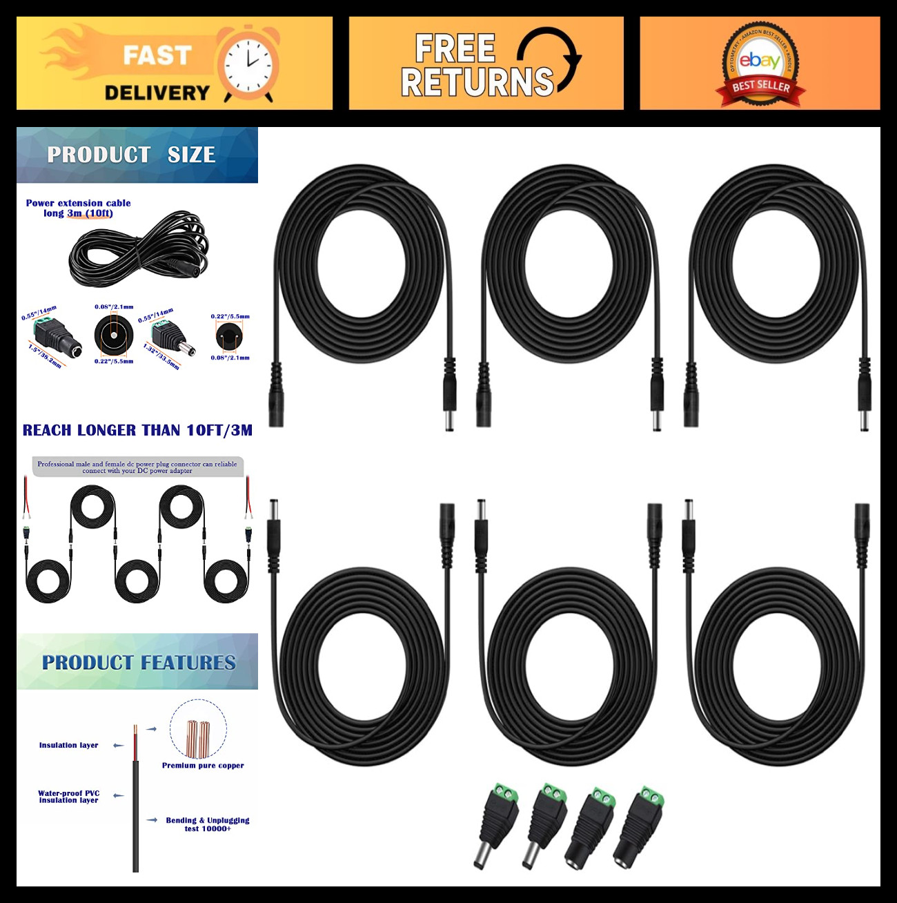 10FT 12V DC Power Extension Cable 6PCS with Male/Female Connectors, 5.5mm x 2.1m