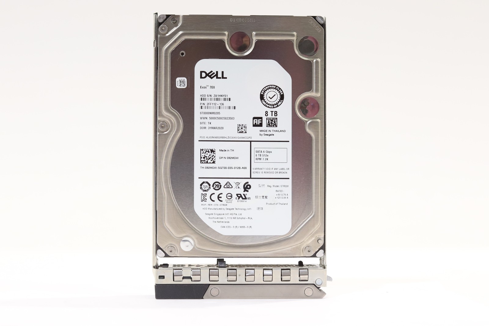 Dell ST8000NM0205 8TB 3.5" 6Gb/s 7.2K RPM 512e SATA HDD W/Caddy Dell P/N: 092MDW