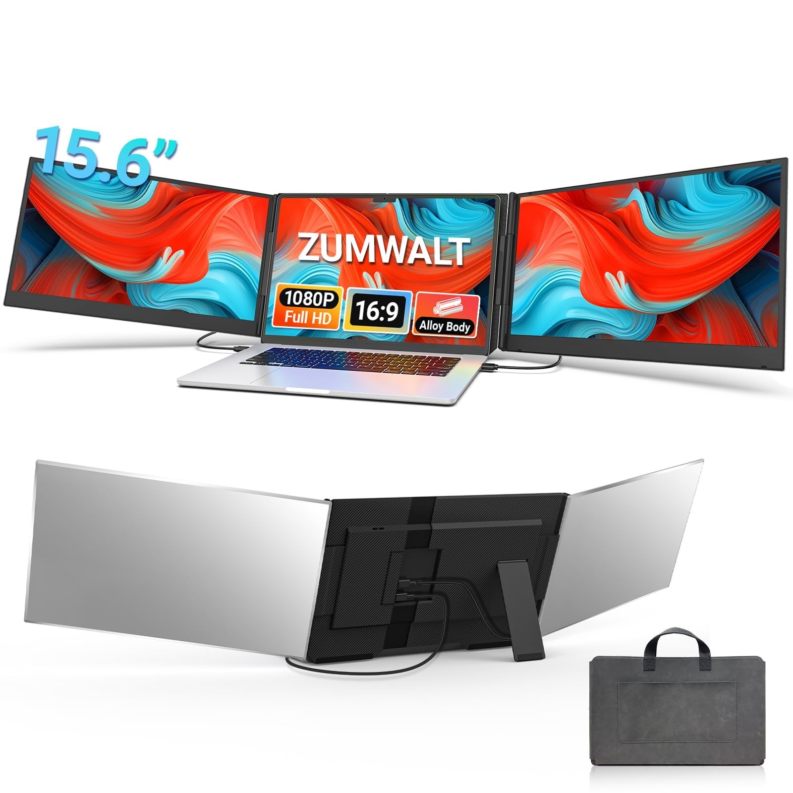 ZUMWALT  15.6" Laptop Screen Extender, 1080P FHD Triple Portable Monitor Slim