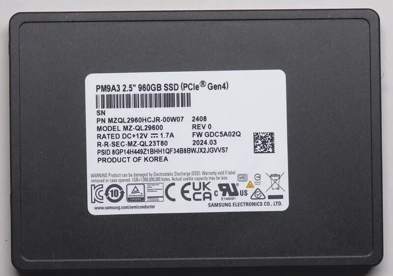 New Samsung PM9A3 960GB PCI-E Gen4 x4 NVMe 2.5'' U.2 SSD MZ-QL29600 4.0
