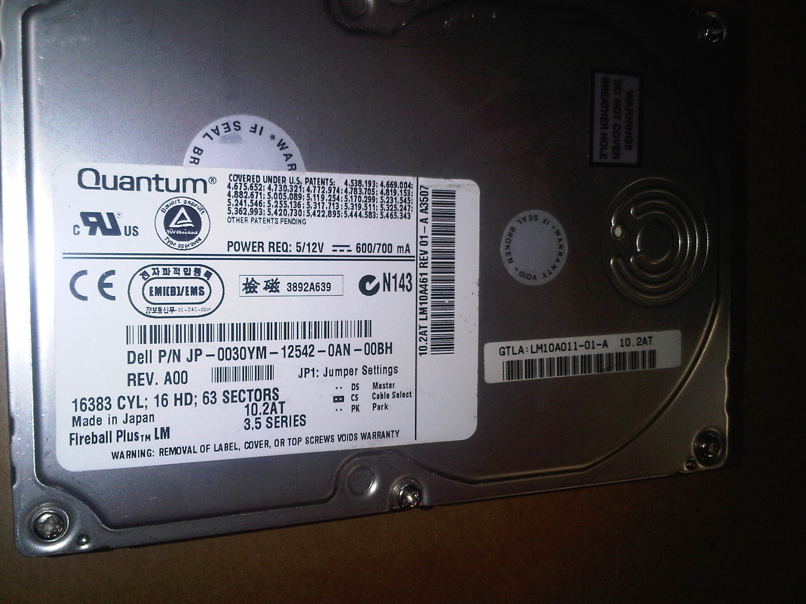 Quantum/Dell Fireball 030YM-12542 LM10A461 10.2AT REV 01 A3507 HARD DISK DRIVE 