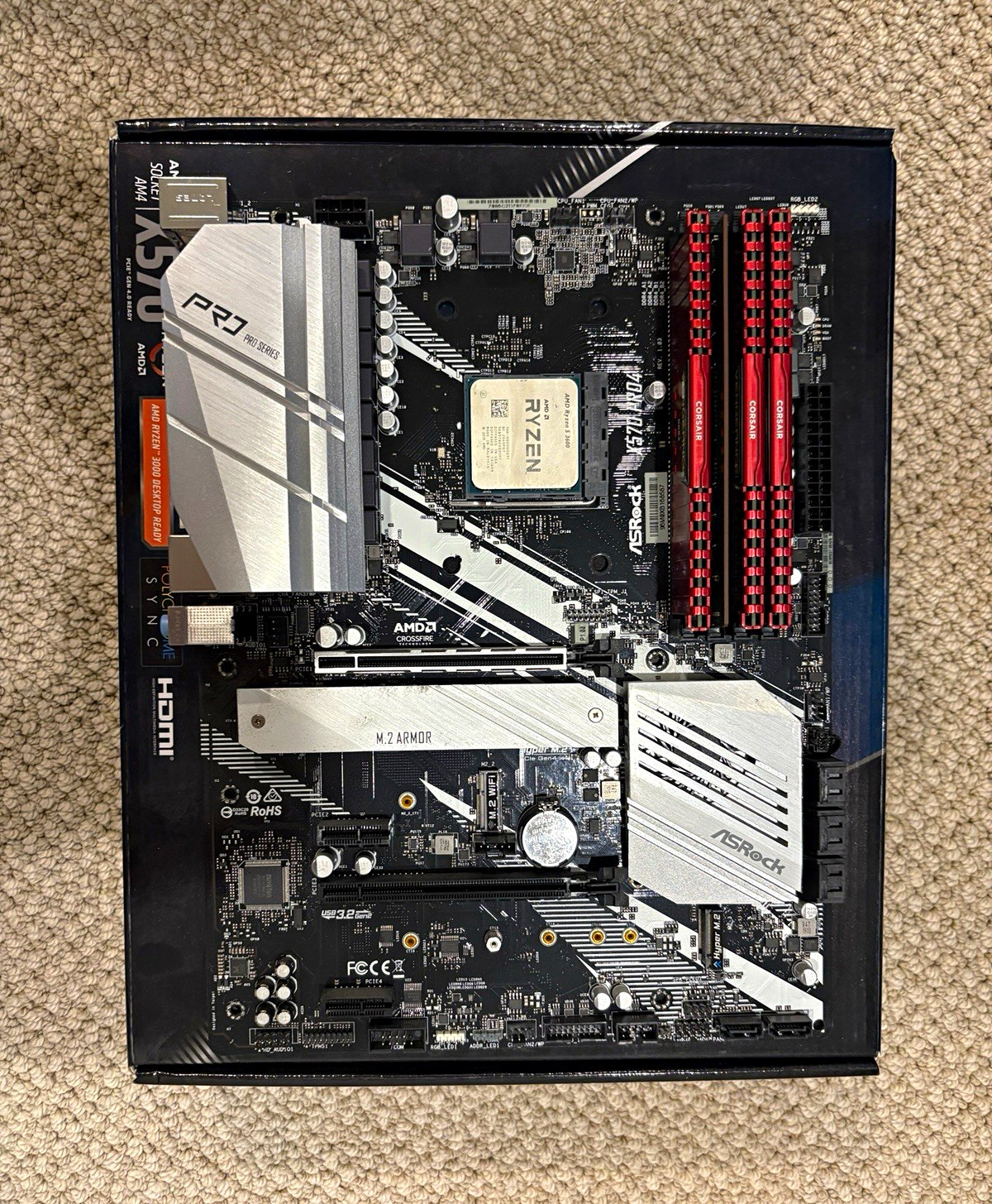 ASRock X570 Pro4 ATX AM4 + Ryzen 5 3600 + stock cooler + 20gb ddr4 2133mhz. 