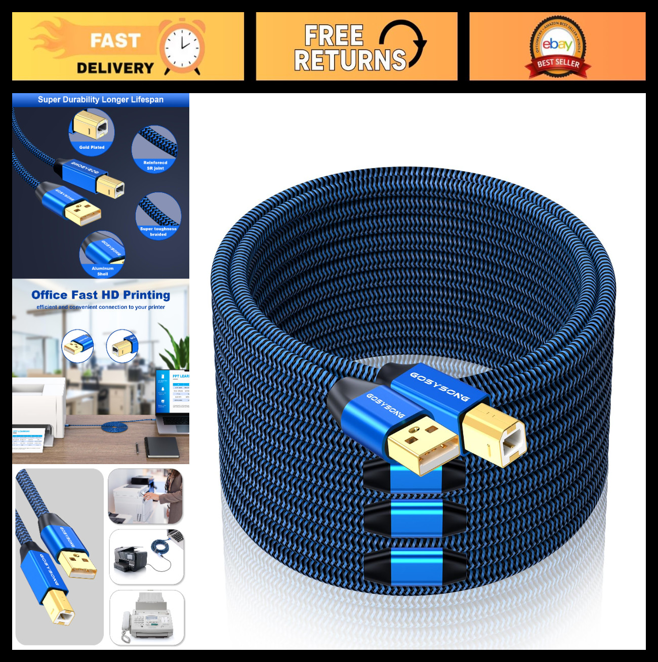100ft Active USB 2.0 Cable Type A to B, High-Speed Printer Cable for HP, Canon,