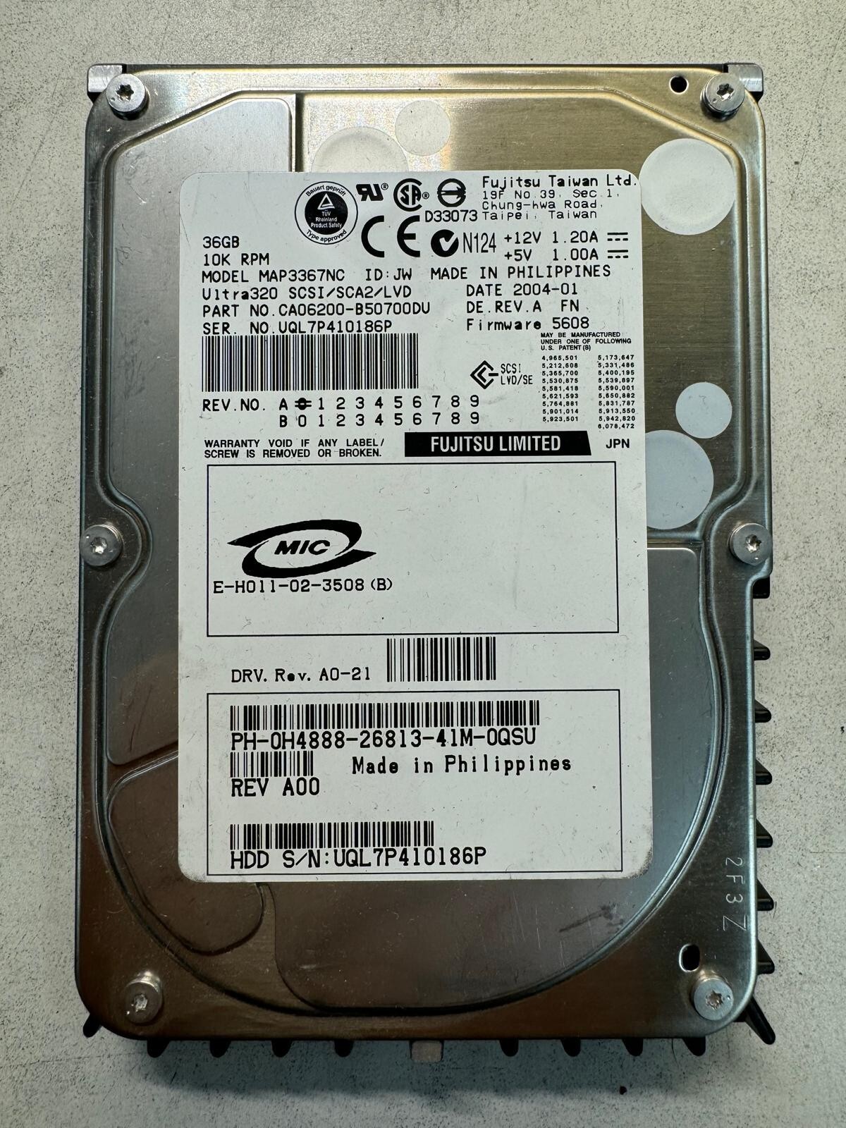 FUJITSU CA06200-B50700DU MAP3367NC 36GB 10K RPM Ultra-320 SCSI 80-Pin 3.5" HDD