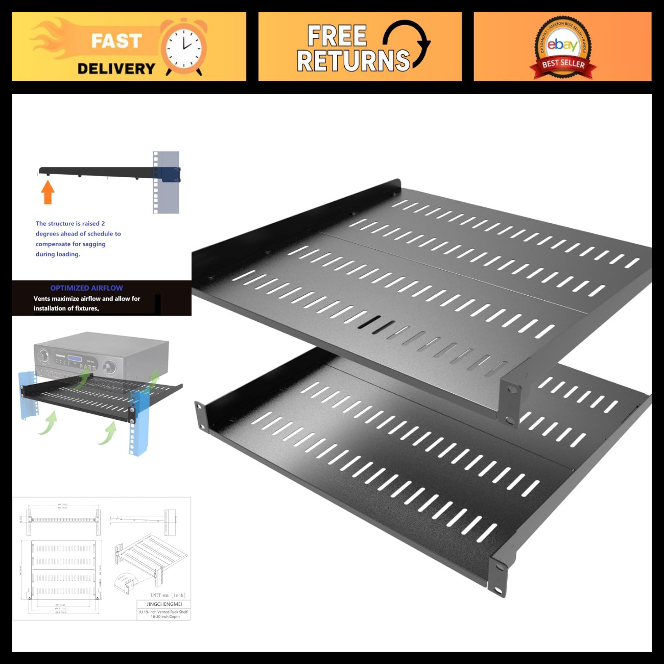 2 Pack Adjustable Vented 1U Server Rack Shelf, Fits 16-20" Depth, Heavy Duty