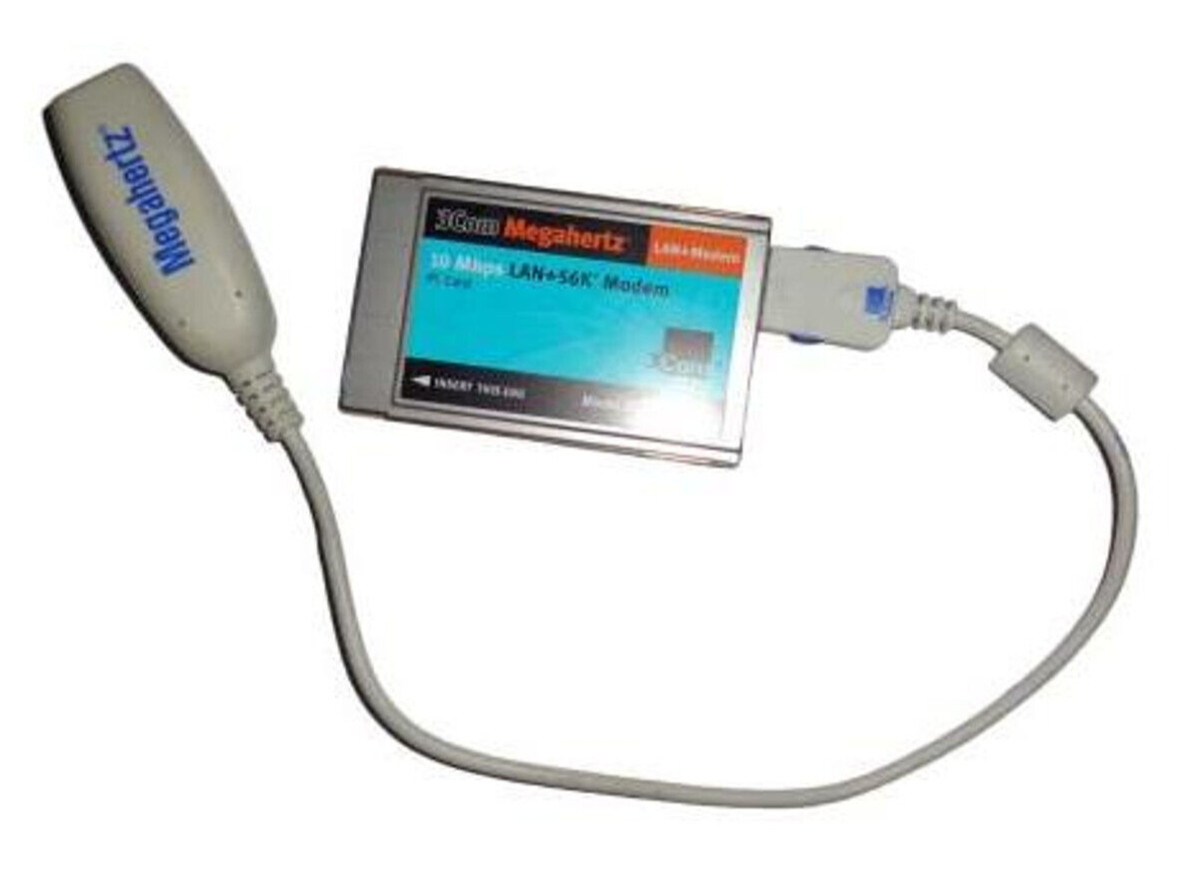 3Com Megahertz PCMCIA Ethernet LAN PC Card with XJACK 3CXEM5556B w Dongle Cable