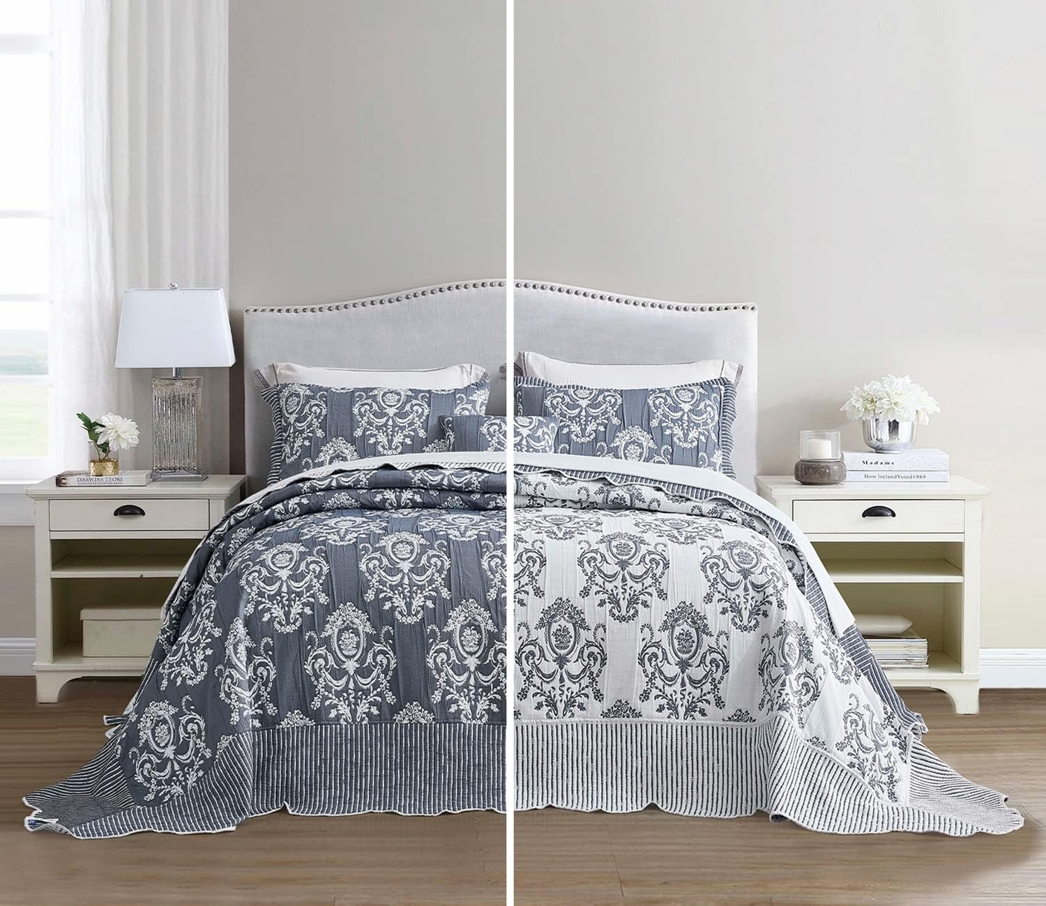 Oversized King Bedspreads 128X120, Jacquard Damask, Blue Gray