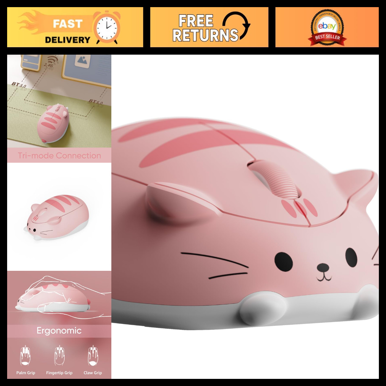 Cute Cat Theme Wireless Gaming Mouse - Tri-Mode BT3.0/BT5.0/2.4G, Optical Cordle