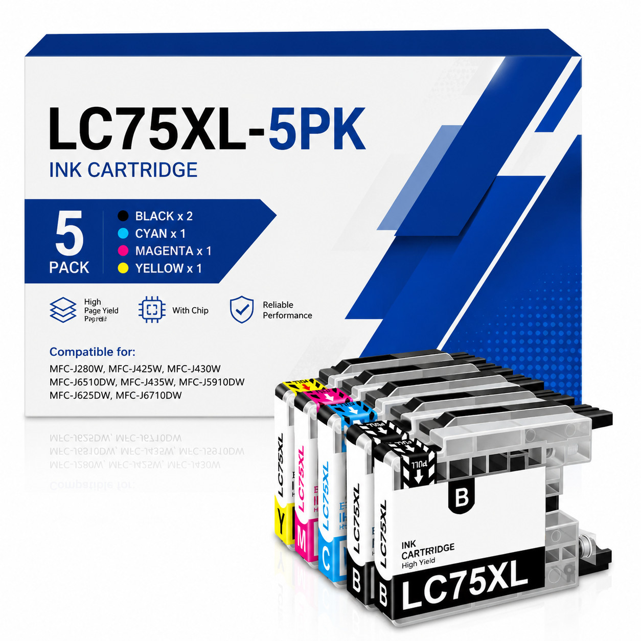 LC75XL 5PK 2BK 1CMY Ink Cartridge for MFC-J430W J625DW J6510DW J6910DW J280W