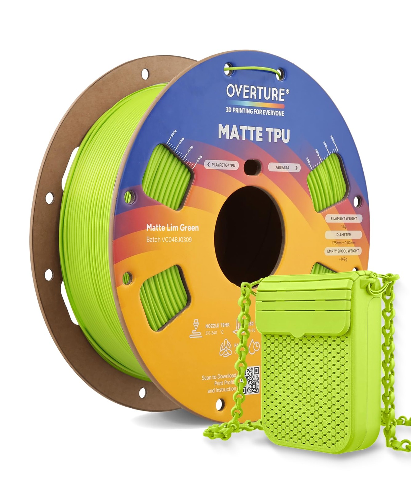 OVERTURE High Speed Matte TPU Filament 95A 1.75mm, 1kg Matte Lime Green | Mat...