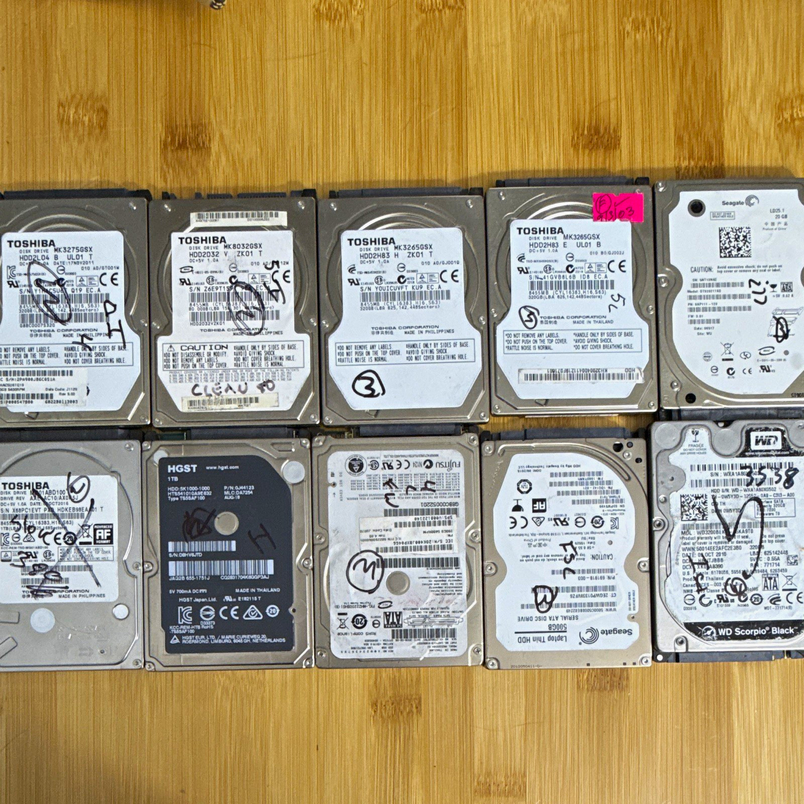 Lot of 10 Mixed Brand 2.5 Inch SATA Drives, Used - Wiped