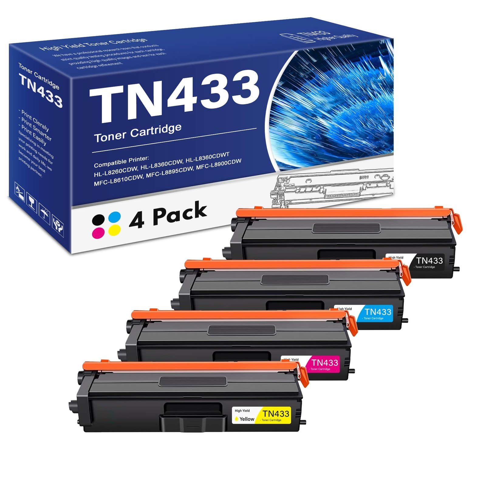 TN433 4-Color Toner Cartridges Set Replacement TN433BK TN433C TN433M TN433Y