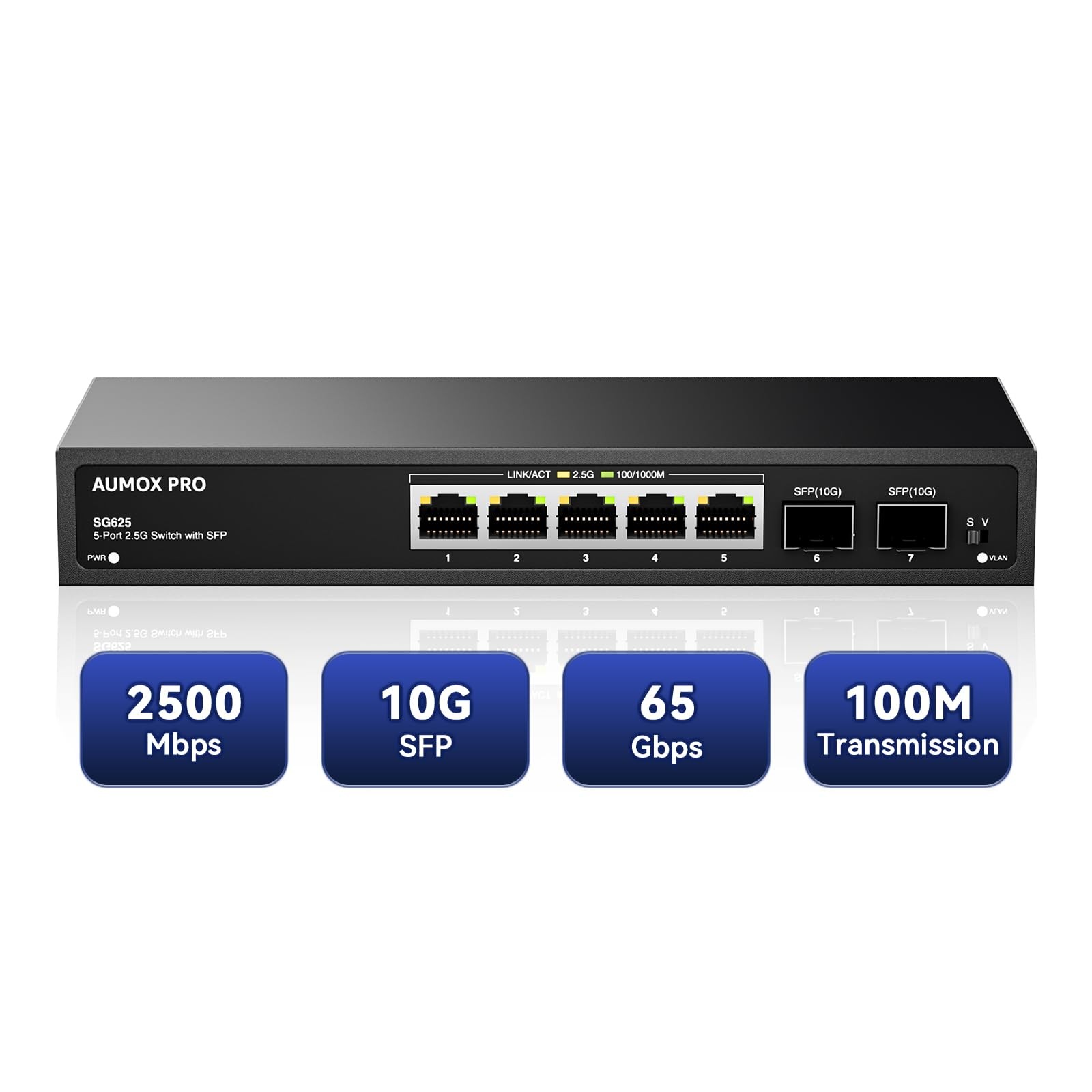 7 Port 2.5Gb Unmanaged Ethernet Switch with 5* 2.5G Base-T Ports, 2*10G SFP P...