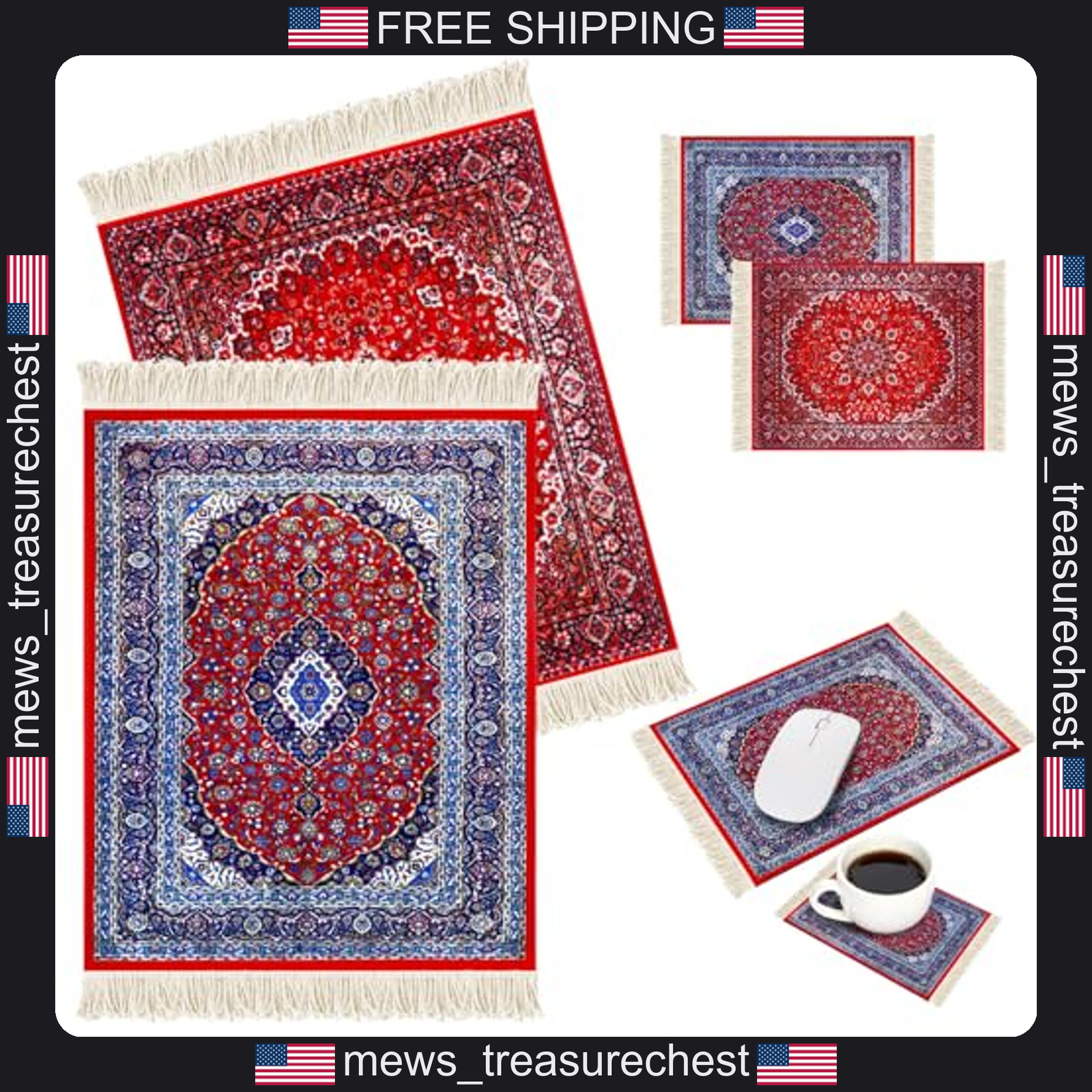 Bohemian Carpet Mouse Pad Set with Coasters, Oriental Floral Design, 4 Pieces