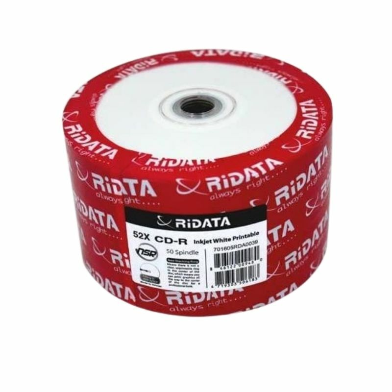 50 Ridata 700MB 52X CD-R Inkjet White Hub Printable Blank Media Recording Disc