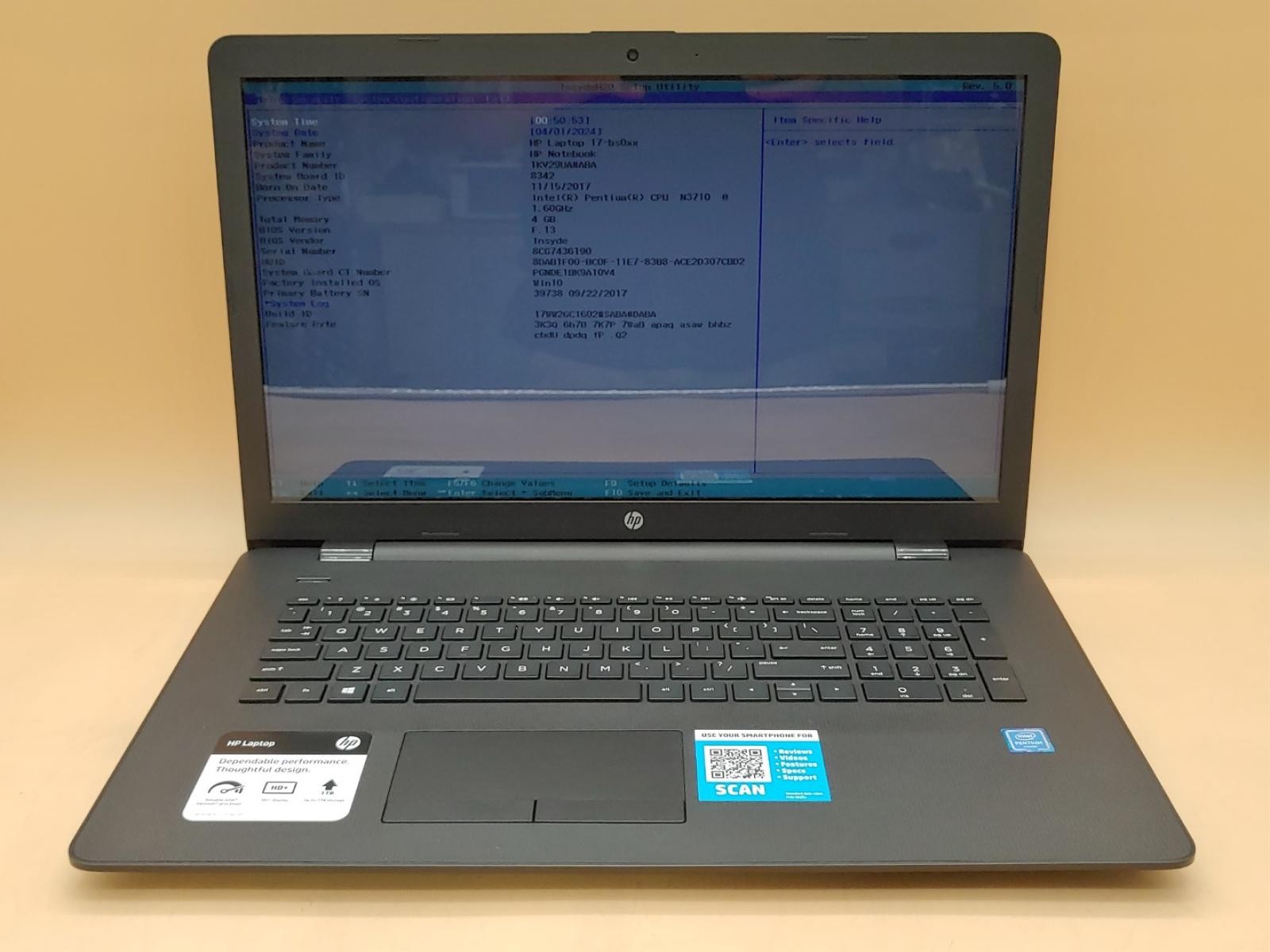 HP Notebook 17-bs010nr 17.3" Intel Pentium N3710 4GB RAM 1TB HDD **NO OS/NO AC**