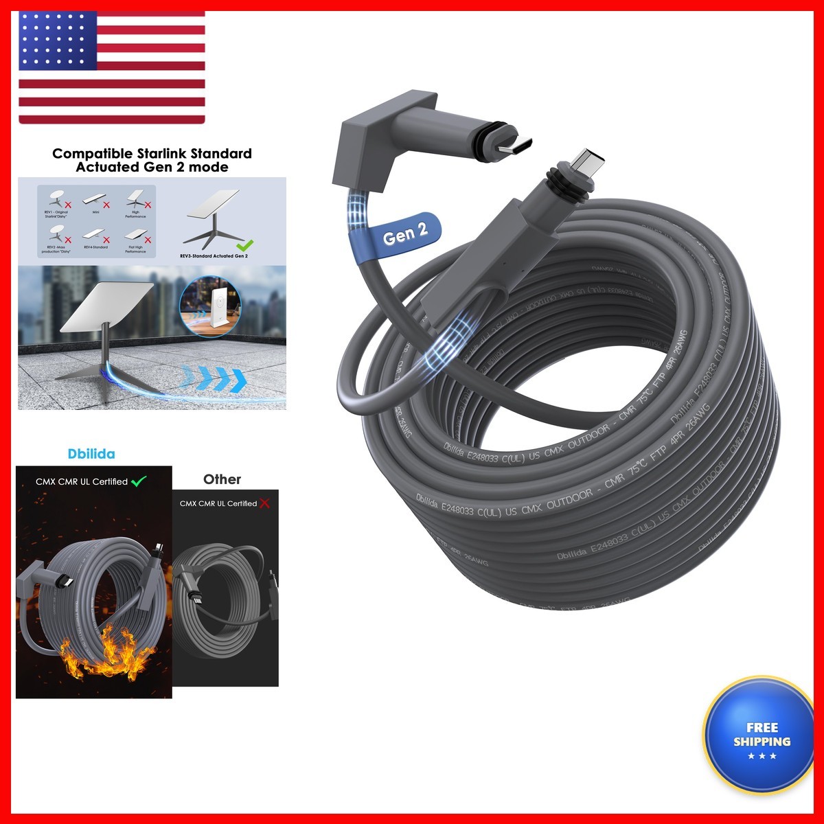 Dbilida Starlink Cable Gen 2 50FT Outdoor for Starlink Standard Actuated Gen 2