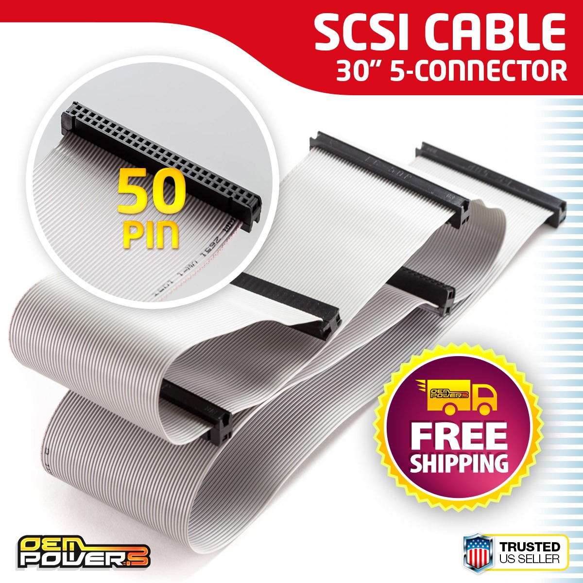NEW 30" 50-Pin SCSI Internal Ribbon Flat Cable F/F 5-Connector 4-Device Drive