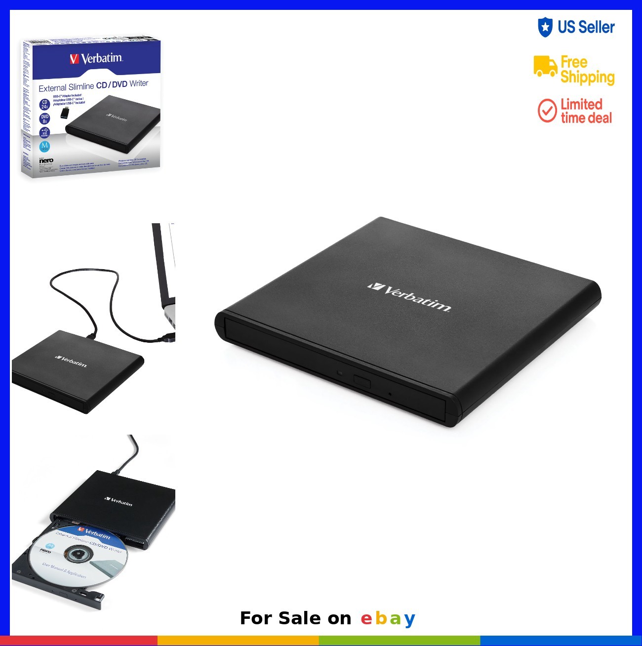 External Slimline CD DVD Writer USB Powered Burner M-Disc Ready for Laptop