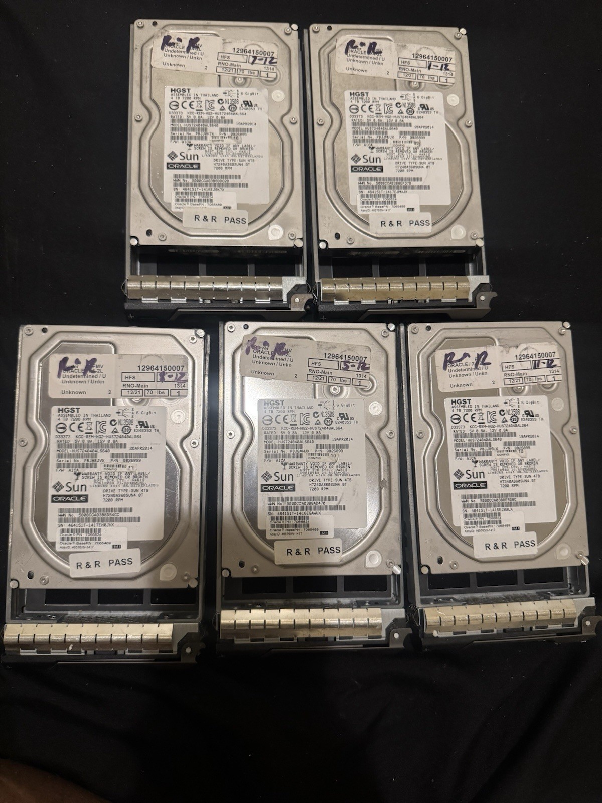 Lot of 5 HGST 4TB 7200RPM SAS 6Gb/s 3.5” HUS724040ALS640 Oracle HDD W/Caddy
