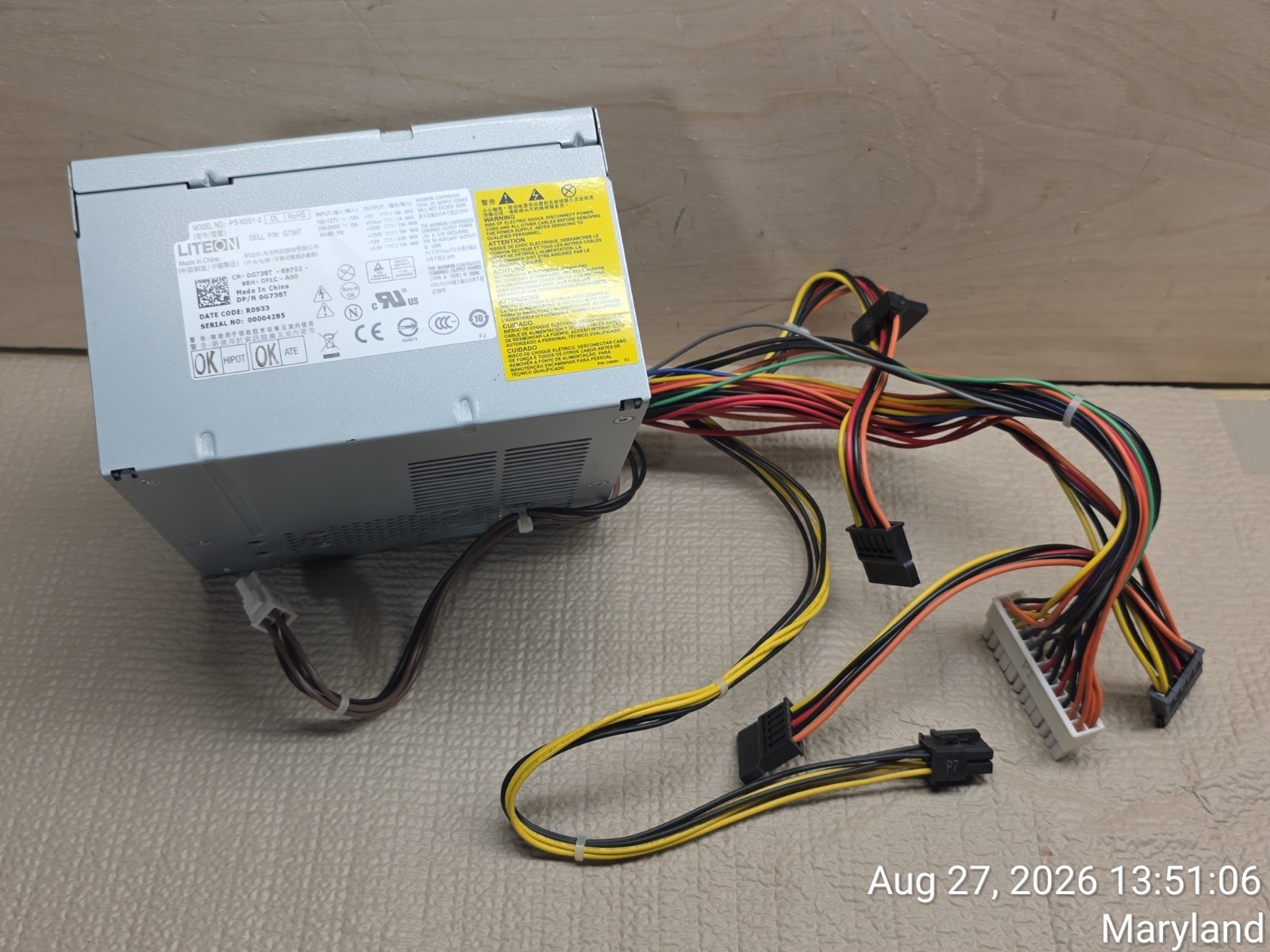 Dell Precision T1500 Tower 350W genuine Power Supply G738T 0G738T PS-6351-2