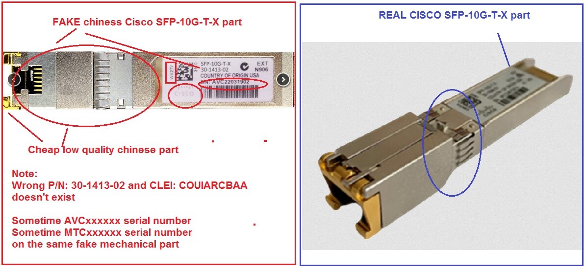 Cisco SFP-10G-T-X Chinese Fake vs Real Cisco SFP-10G-T-X comparison No Sale