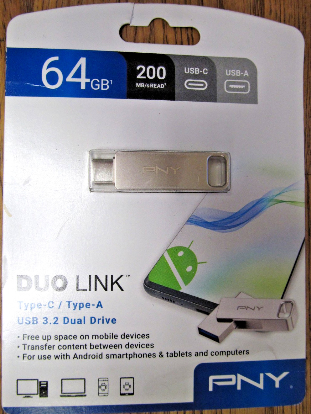 NEW PNY DUO LINK 64GB FLASH DRIVE USB-C USB-A 3.2 DUAL DRIVE 200MB/S 