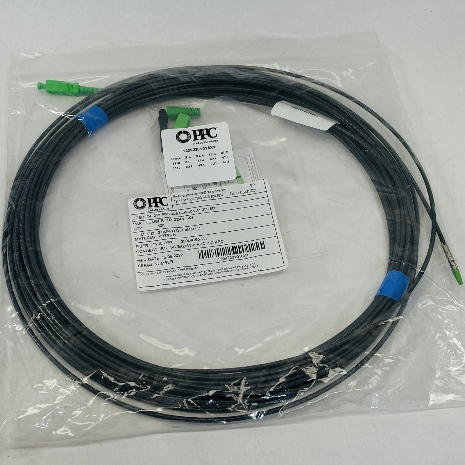 PPC a BELDEN BRAND #10-0241-50F FIBER OPTIC & QTY NOM SIZE 3.0MM 50FT