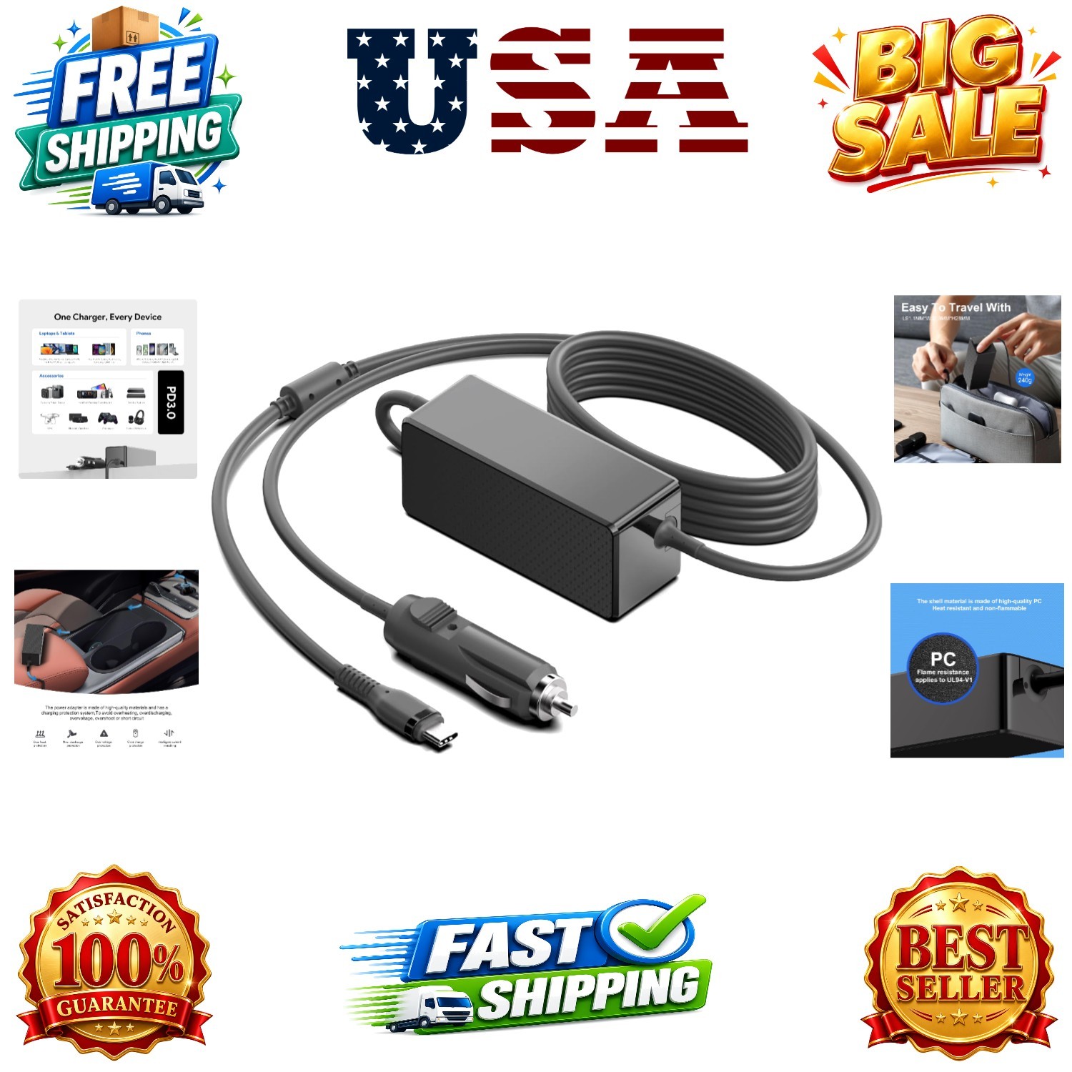 PD 100W 96W 90W 87W 70W 67W 61W USB C Laptop Car Charger DC 12V-24V Travel Ad...