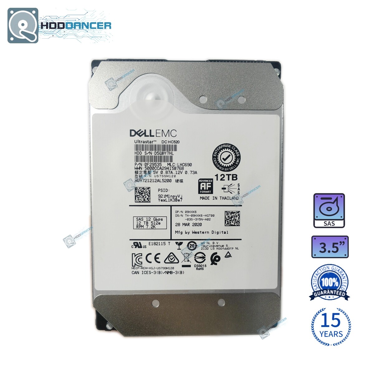 09HXK6 Dell HUH721212AL5200 12TB 401-ABHX 3.5'' 512e SAS 7.2K 12Gbps Hard Drive
