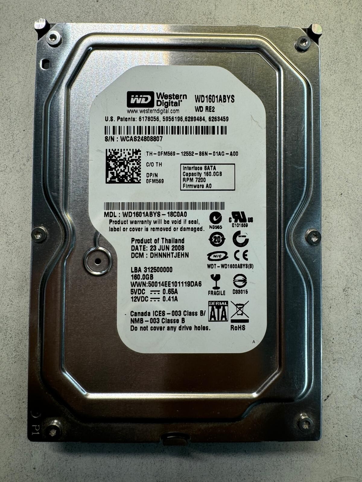 DELL FM569 WD1601ABYS-18C0A0 160GB 7.2K RPM Cache 16MB 3 Gbps SATA 3.5" HDD
