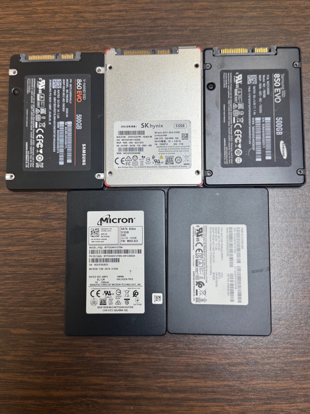 Lot of 5 500GB 512GB 2.5" SATA SSD Samsung EVO SK hynix Micron.  Mixed Brands