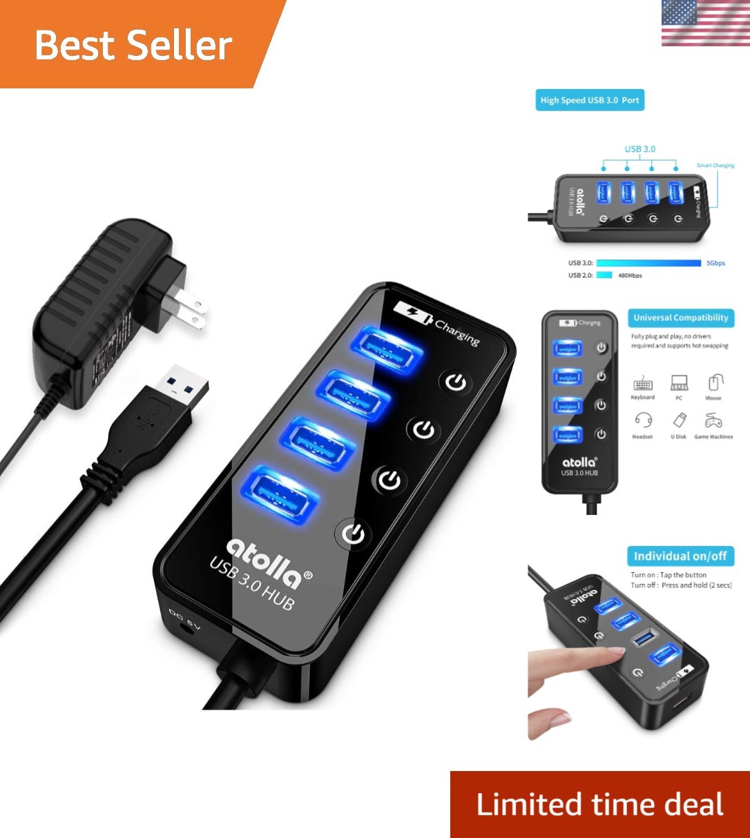 Elegant 4-Port USB 3.0 Hub with Smart Charging - Individual On/Off Switches