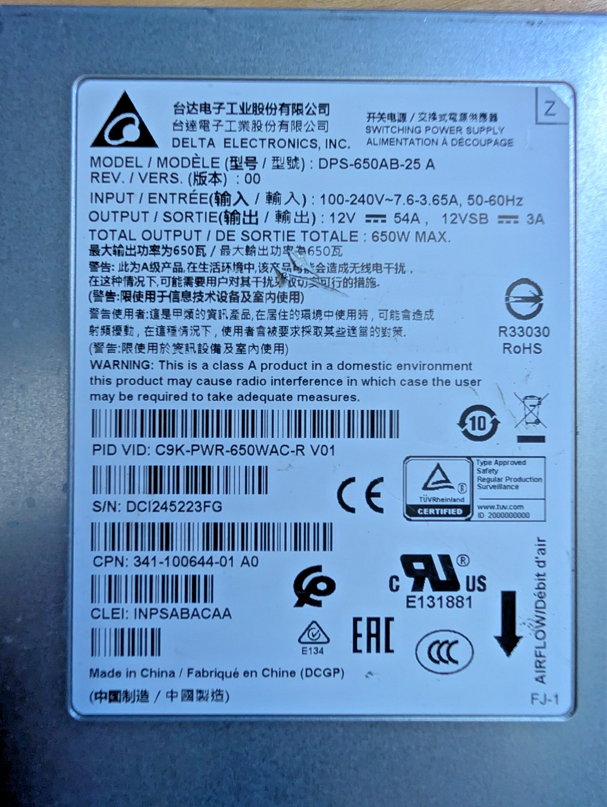 CISCO C9K-PWR-650WAC-R 650W POWER SUPPLY CATALYST 9500 TESTED READ BENT TAB