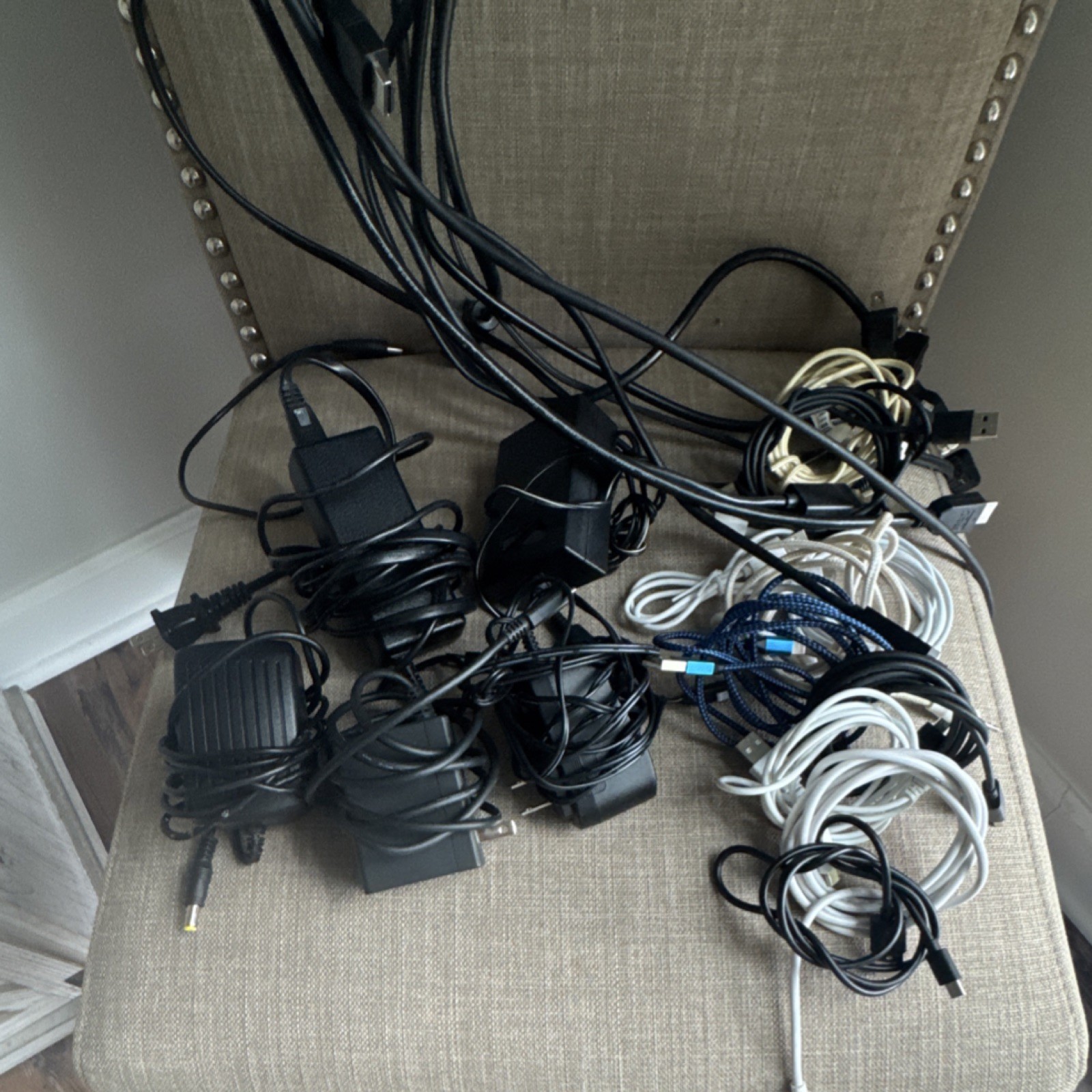 Mixed Lot of 26 Cables –HDMI, USB, Monitor Power Cords, Phone Chargers, Adapters